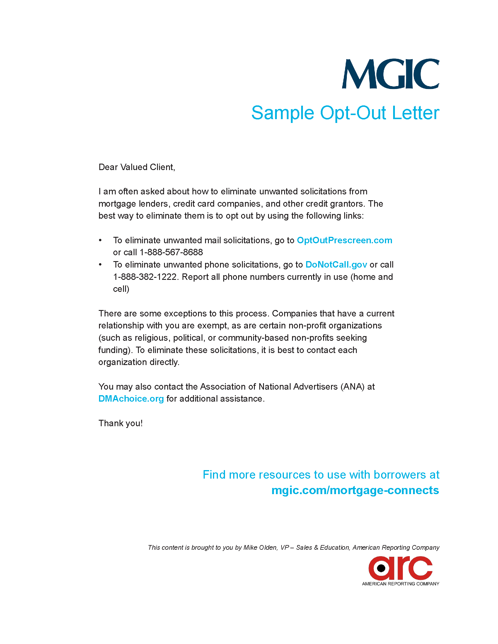 sample email text to send to borrowers about solicitation opt-outs