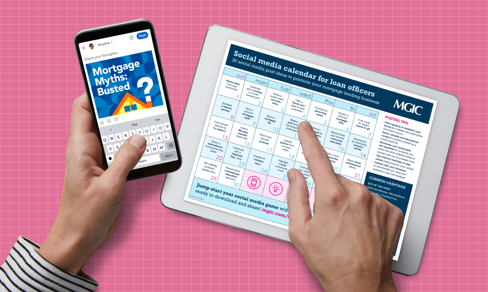 Loan officer using the social media calendar and posting on his phone