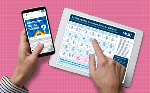 Social media calendar for loan officers Loan officer using the social media calendar and posting on his phone